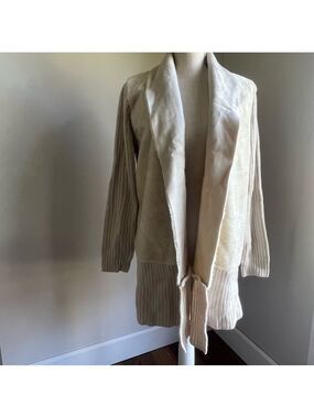 Ceny Mid Thigh Length Cream Colored Open Cardigan Faux Fur and Suede Knit